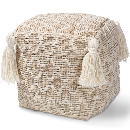 Baxton Studio Noland Natural and Ivory Handwoven Cotton and Hemp Pouf Ottoman 158-9717